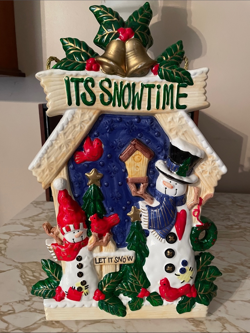 Winter Ceramic Wall Plaque”It’s SNOWTIME”Cheerful Snowman Cardinals Display